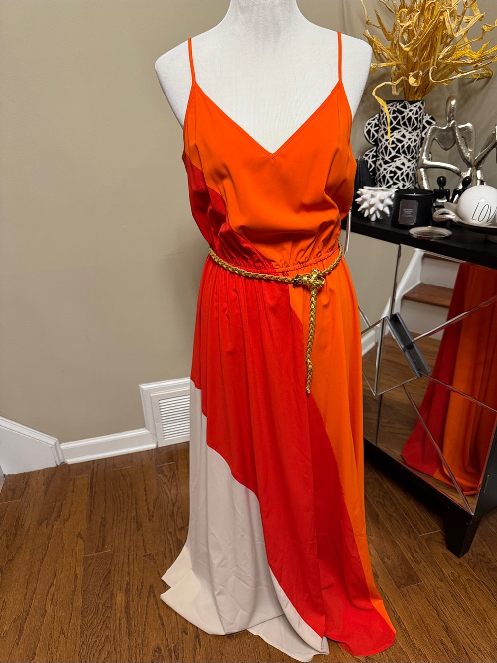 Calvin Klein Colorblock Maxi Dress with Gold Rope Belt Size 10 NWT